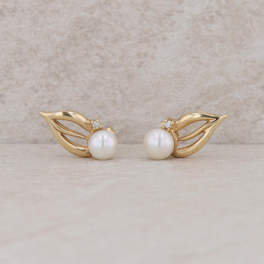 14k Yellow Gold Akoya Pearl and Diamond Earrings