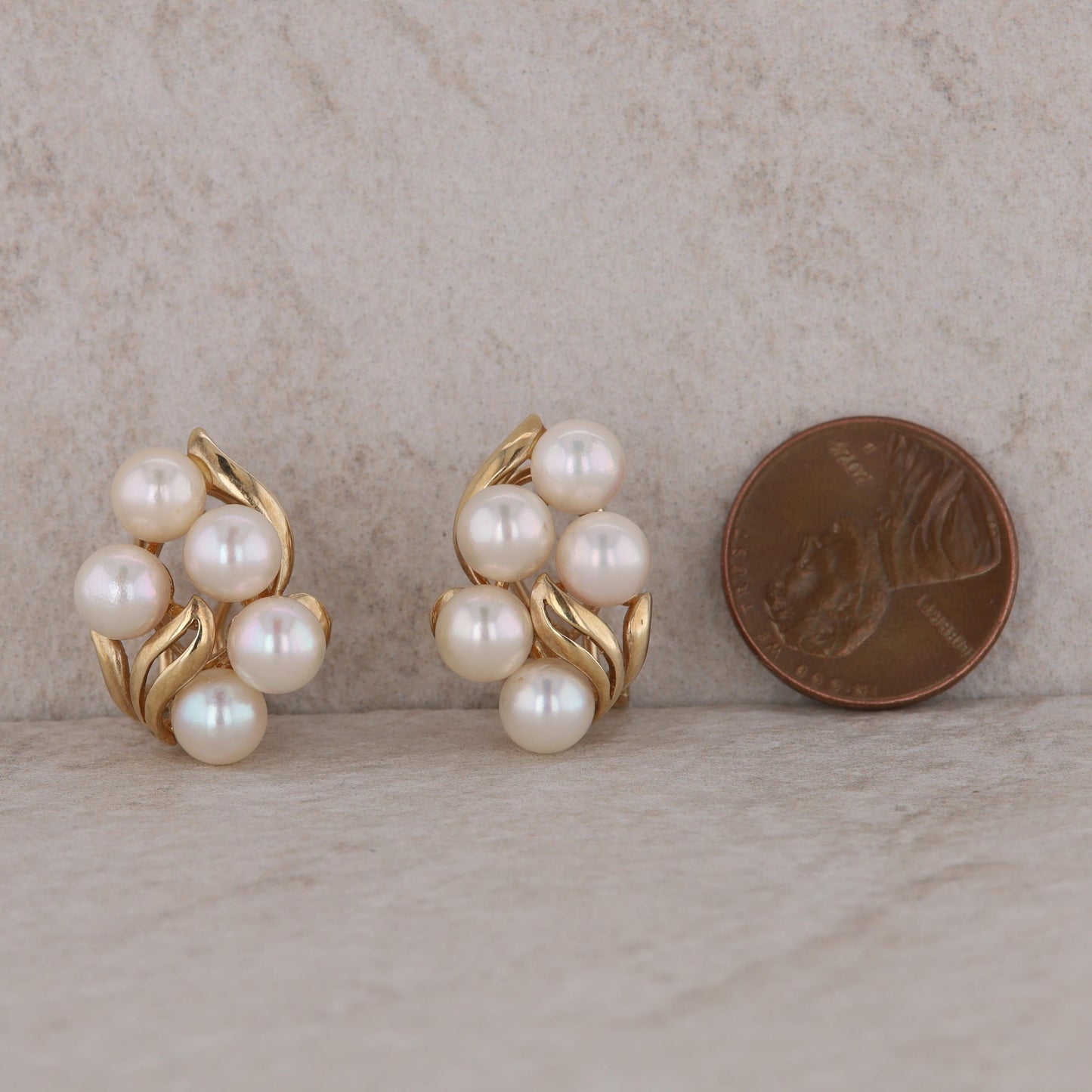 14k Yellow Gold Cluster Style Akoya Pearl Clip On Earrings