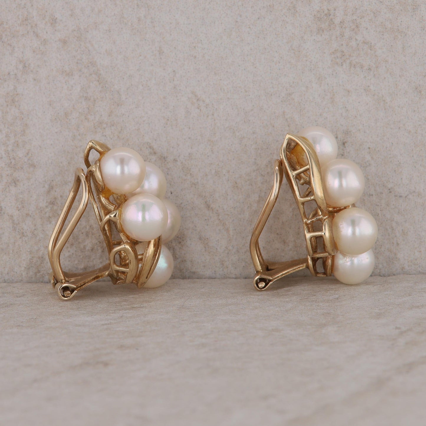 14k Yellow Gold Cluster Style Akoya Pearl Clip On Earrings