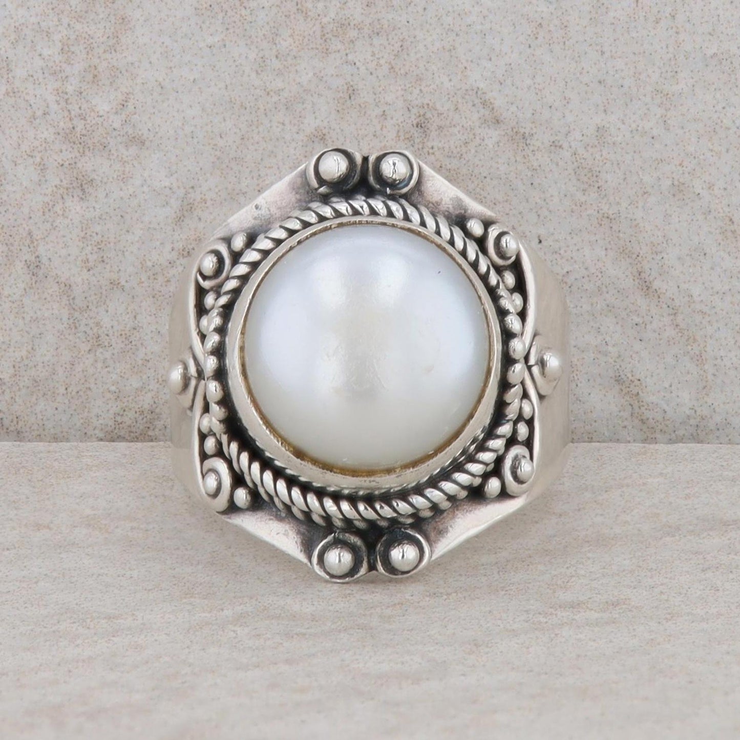 Sterling Silver Button Freshwater Cultured Pearl Ring