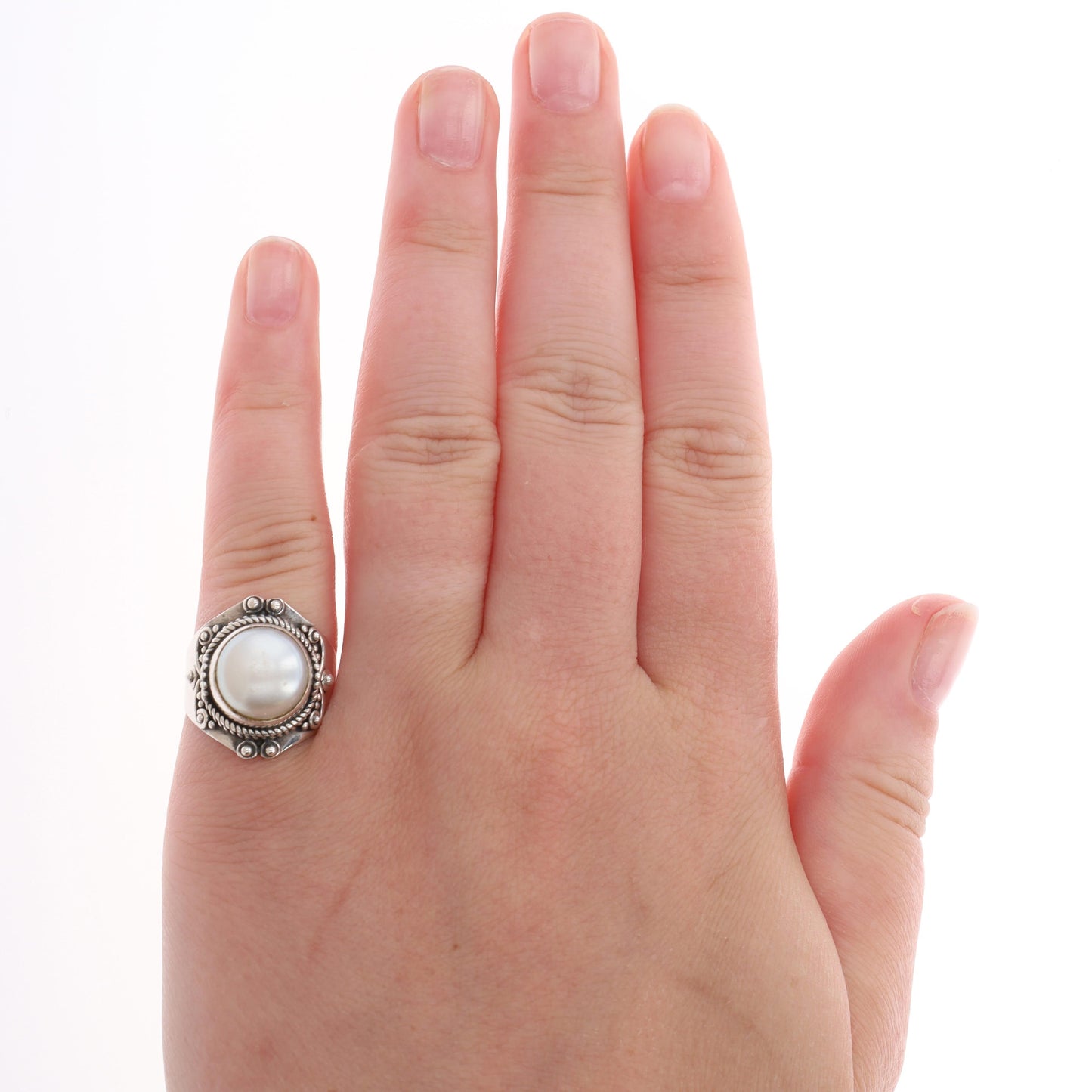 Sterling Silver Button Freshwater Cultured Pearl Ring