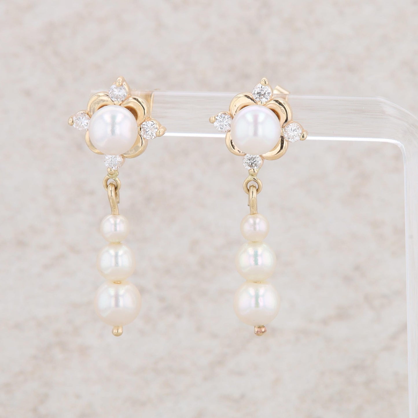 14k Yellow Gold Cultured Pearl and Diamond Dangle Earrings