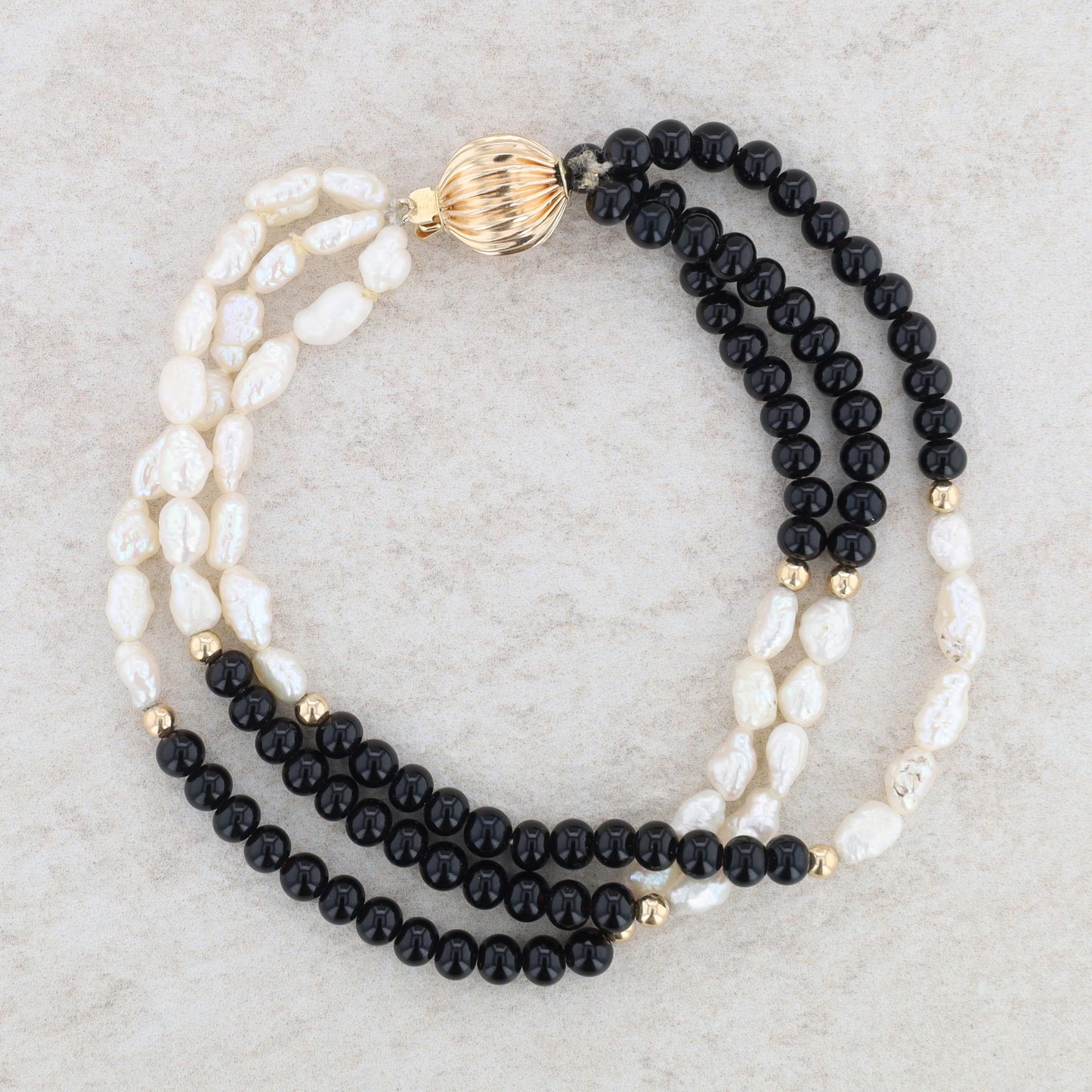 14k Yellow Gold Triple Strand Onyx and Freshwater Rice Pearl Bracelet