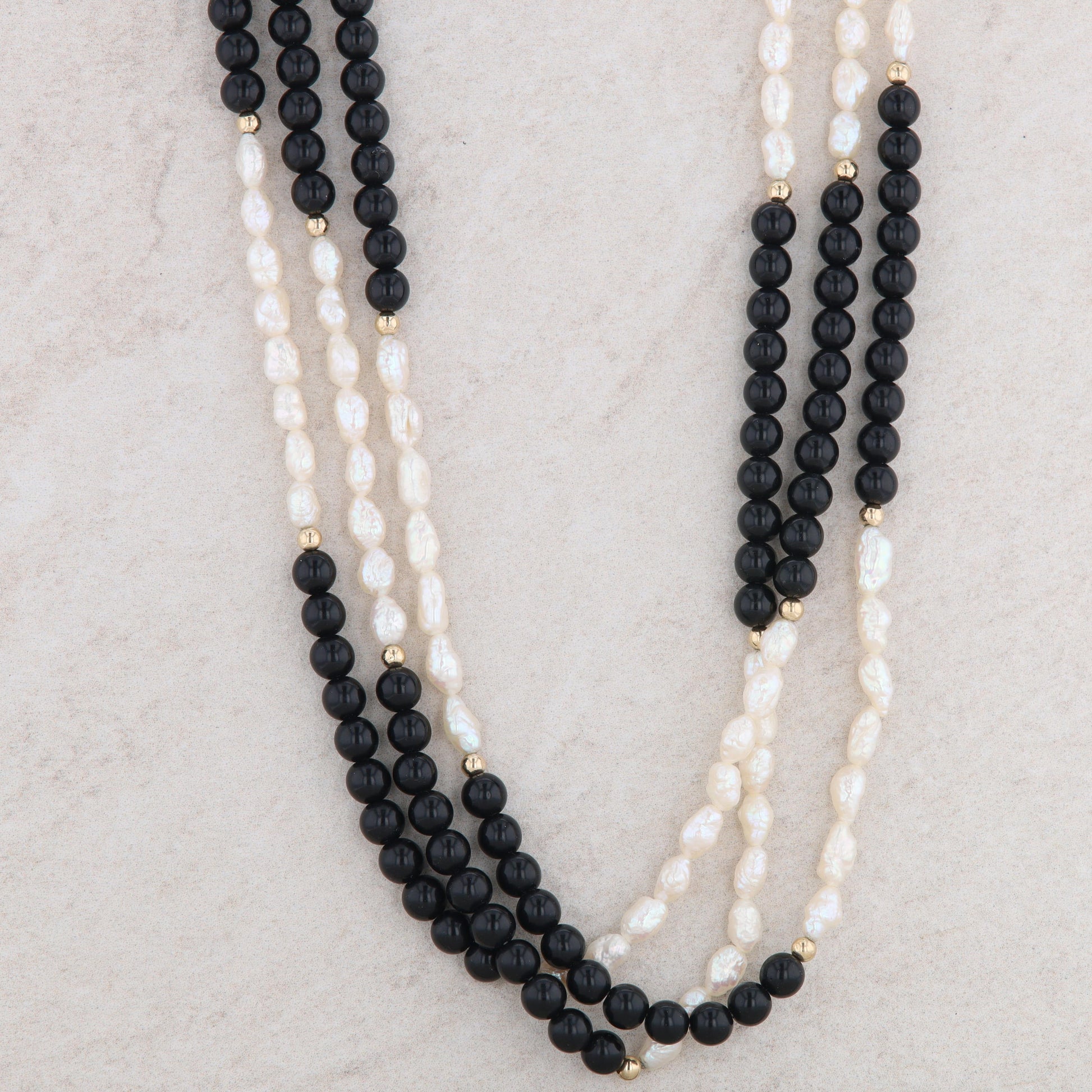 14k Yellow Gold Triple Strand Onyx and Freshwater Rice Pearl Necklace