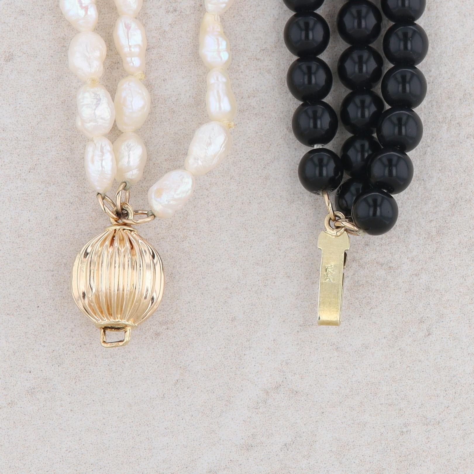 14k Yellow Gold Triple Strand Onyx and Freshwater Rice Pearl Necklace