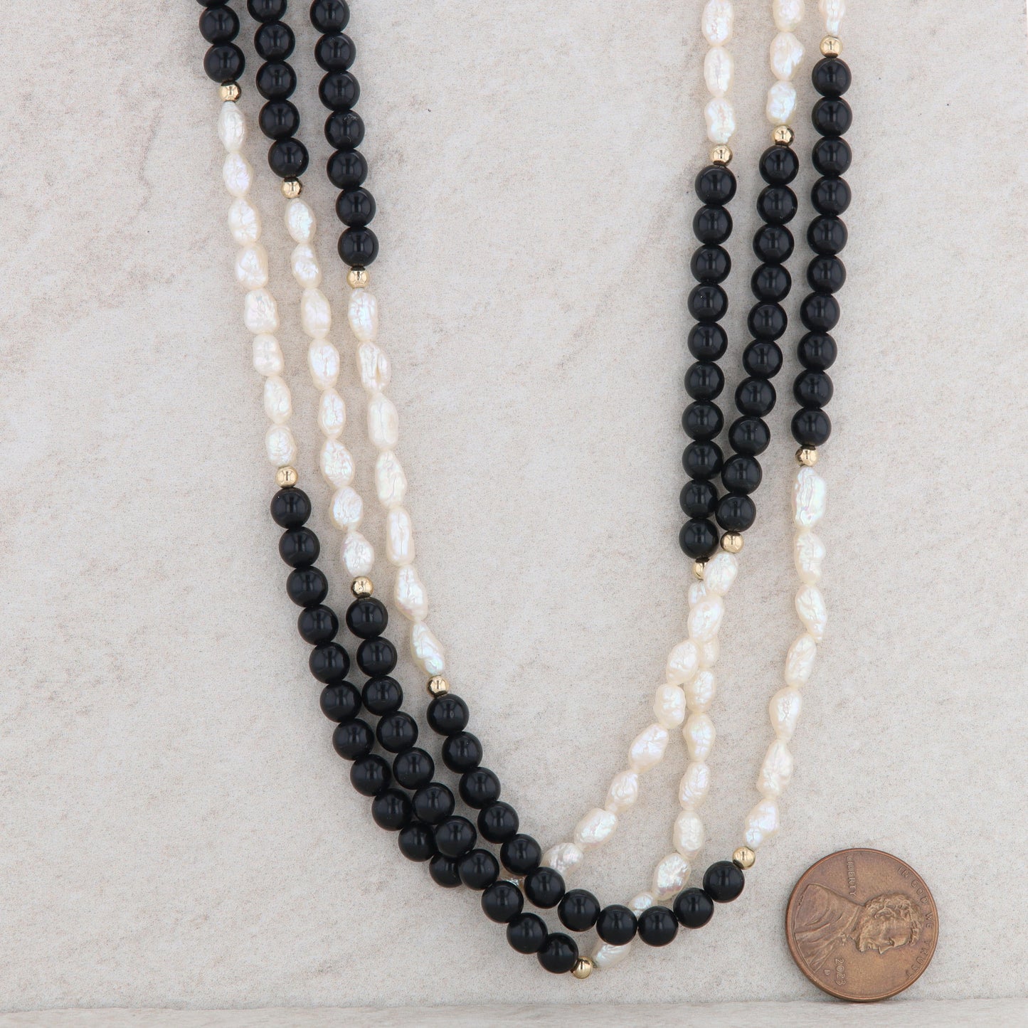 14k Yellow Gold Triple Strand Onyx and Freshwater Rice Pearl Necklace