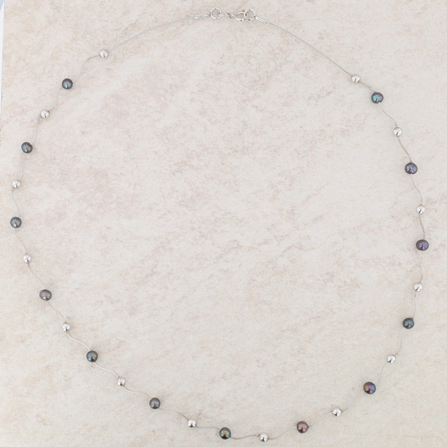 14k White Gold Tahitian Pearl and White Beaded Curved Wire Necklace