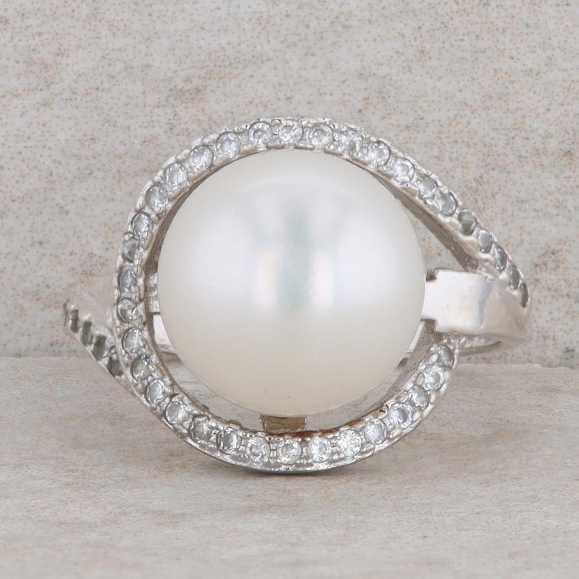 Sterling Silver 10.5mm  Freshwater Button Pearl & Cubic Zirconia Ring