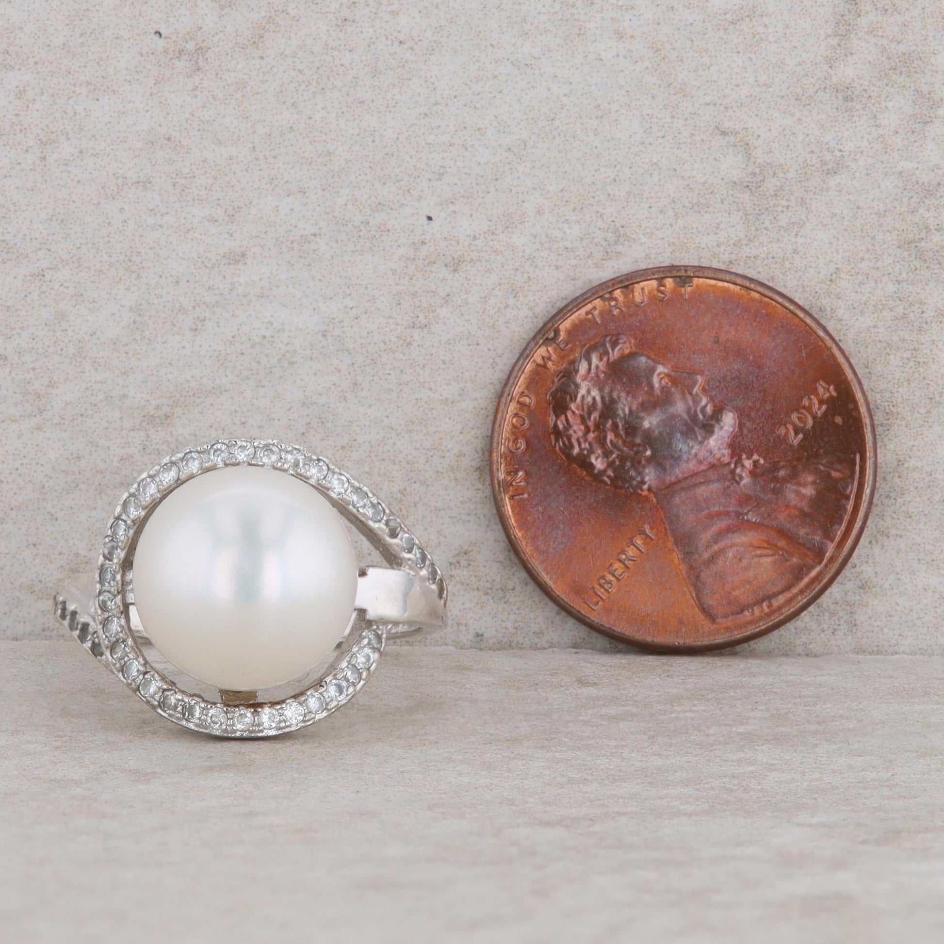 Sterling Silver 10.5mm  Freshwater Button Pearl & Cubic Zirconia Ring