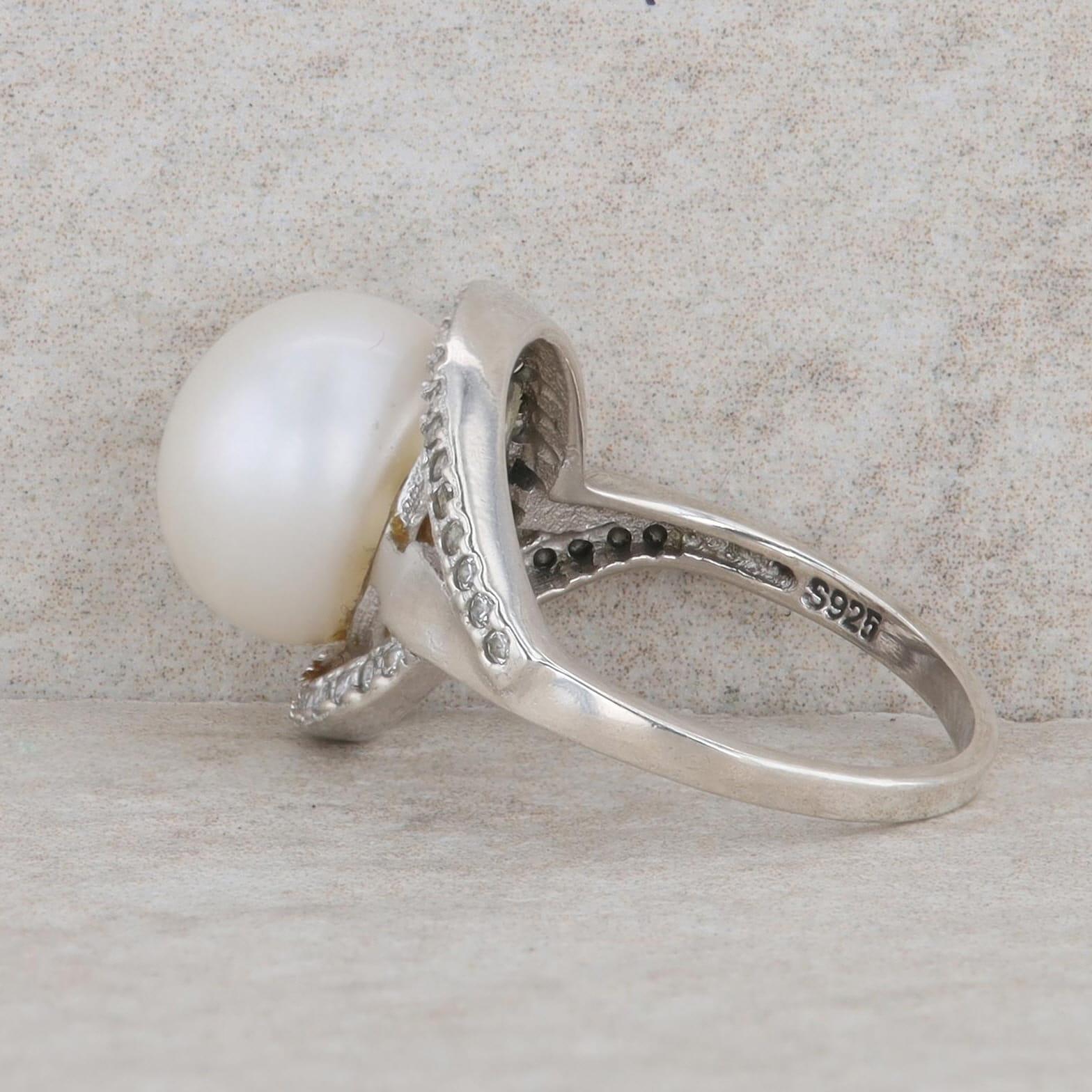Sterling Silver 10.5mm  Freshwater Button Pearl & Cubic Zirconia Ring