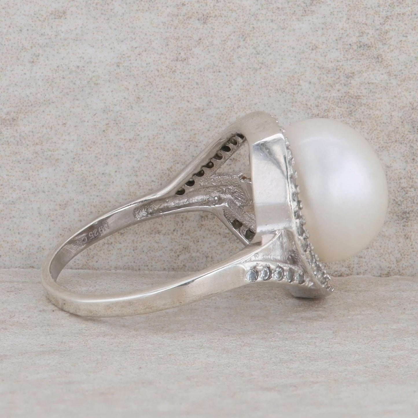Sterling Silver 10.5mm  Freshwater Button Pearl & Cubic Zirconia Ring