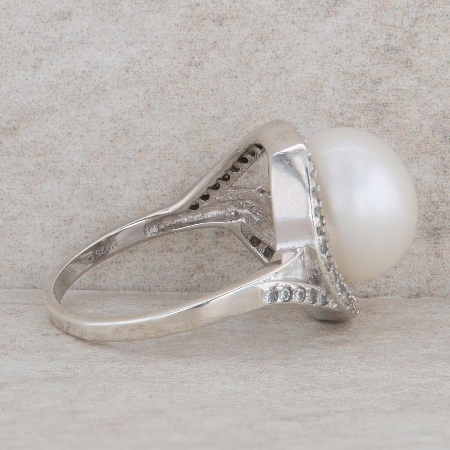 Sterling Silver 10.5mm  Freshwater Button Pearl & Cubic Zirconia Ring