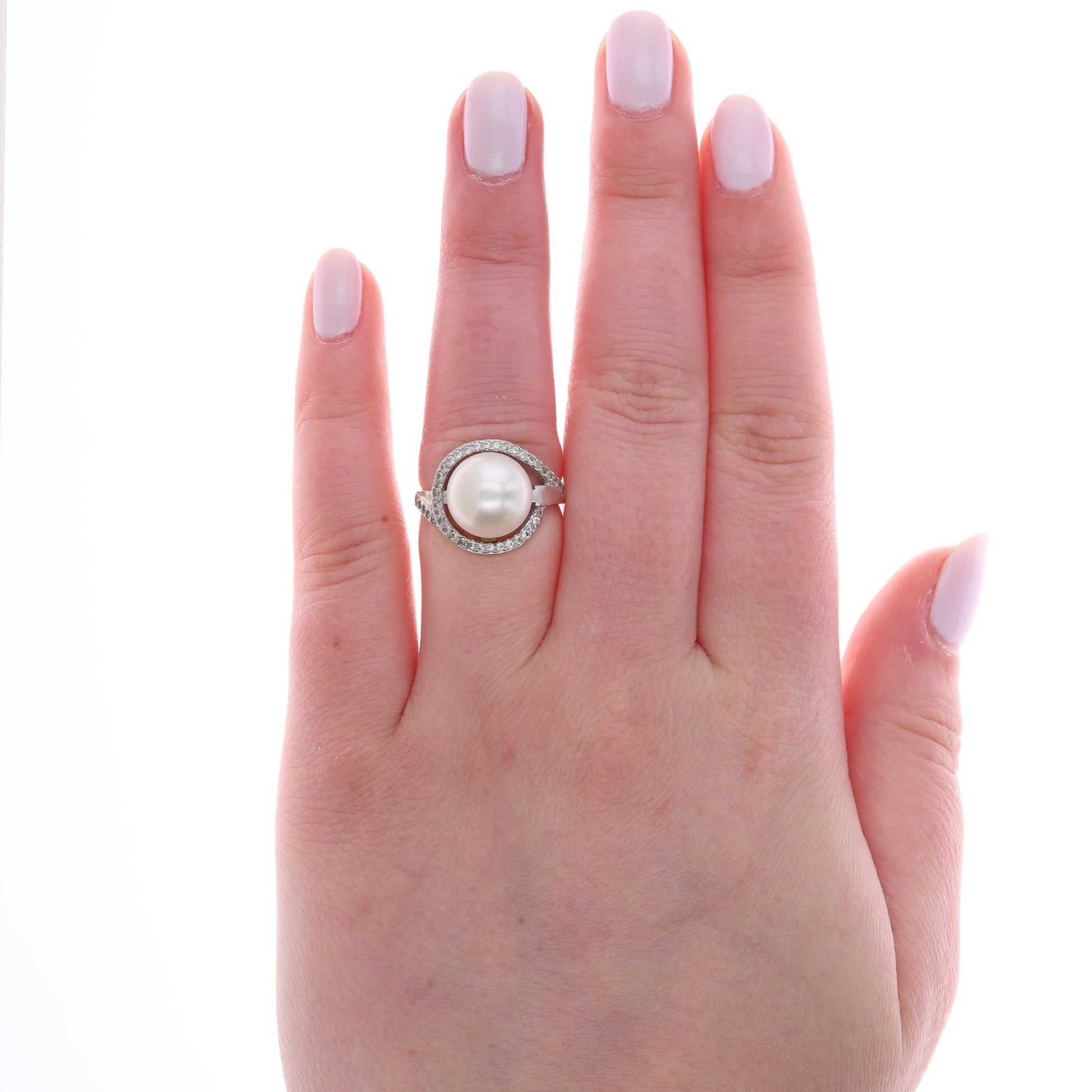 Sterling Silver 10.5mm  Freshwater Button Pearl & Cubic Zirconia Ring