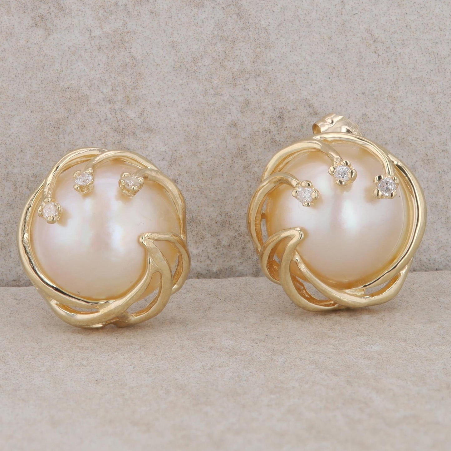 14k Yellow Gold Mabe Pearl & Diamond Swirl Stud Earrings