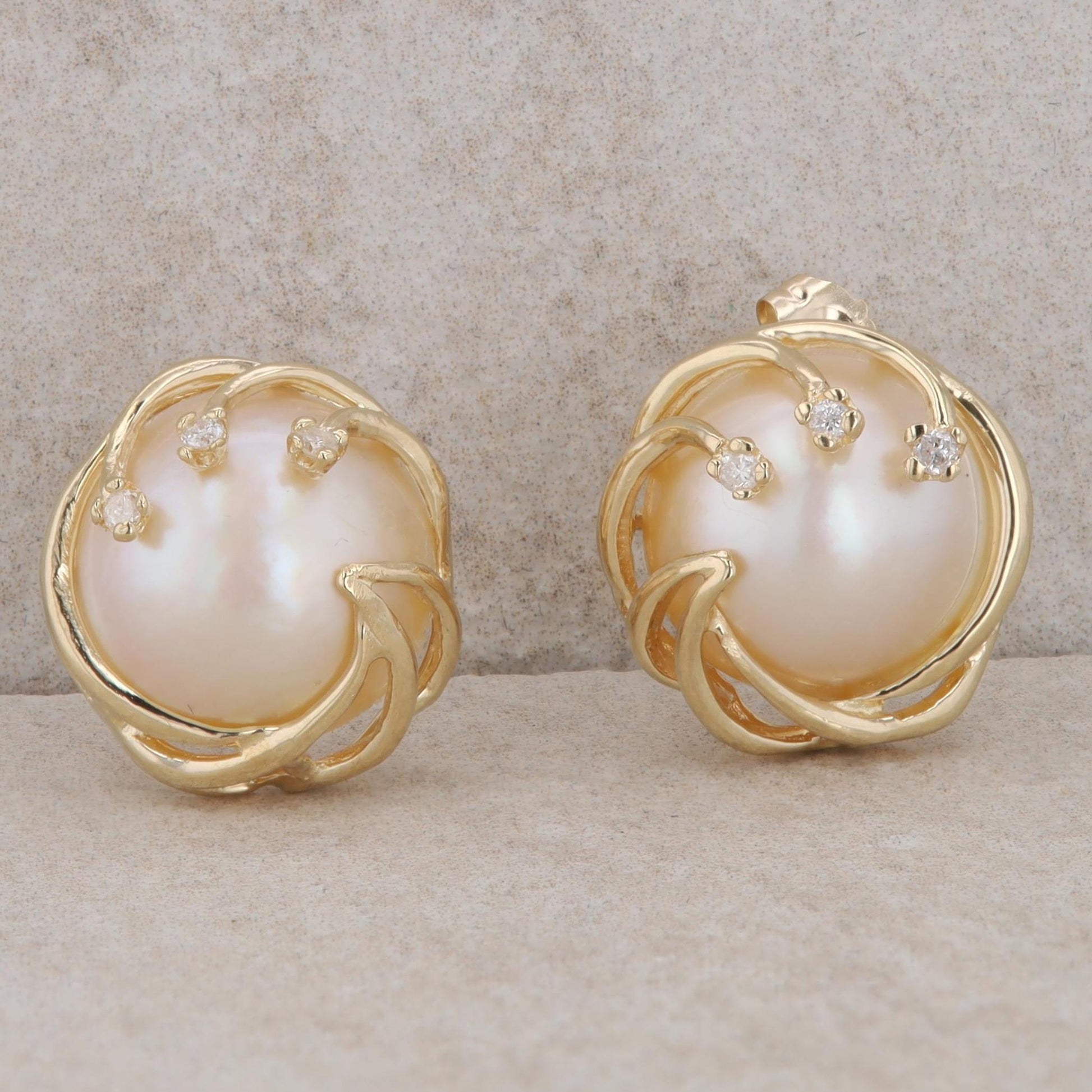 14k Yellow Gold Mabe Pearl & Diamond Swirl Stud Earrings