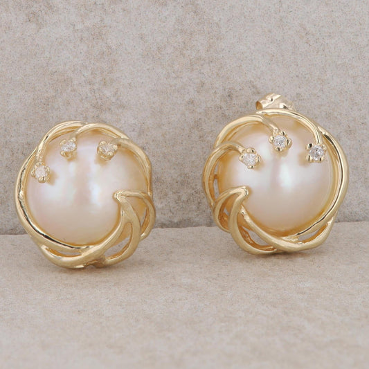 14k Yellow Gold Mabe Pearl & Diamond Swirl Stud Earrings