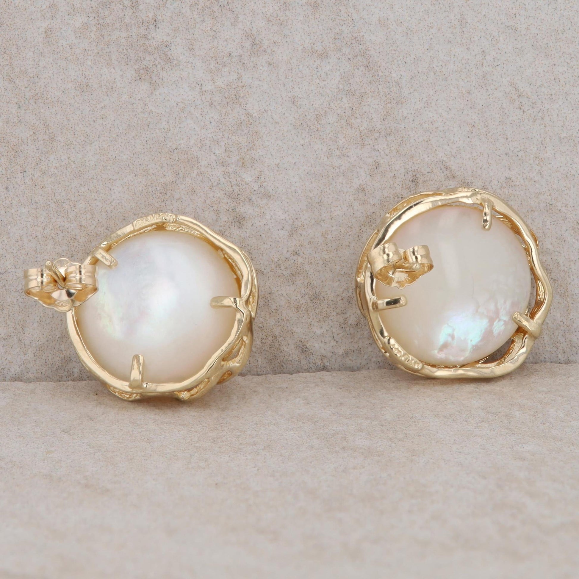 14k Yellow Gold Mabe Pearl & Diamond Swirl Stud Earrings