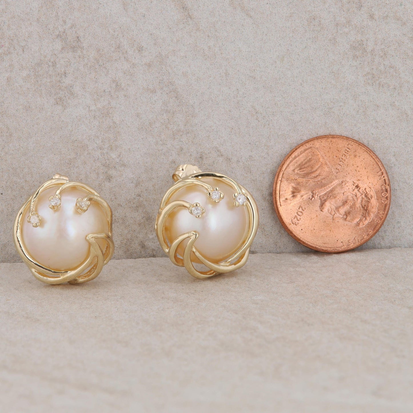 14k Yellow Gold Mabe Pearl & Diamond Swirl Stud Earrings