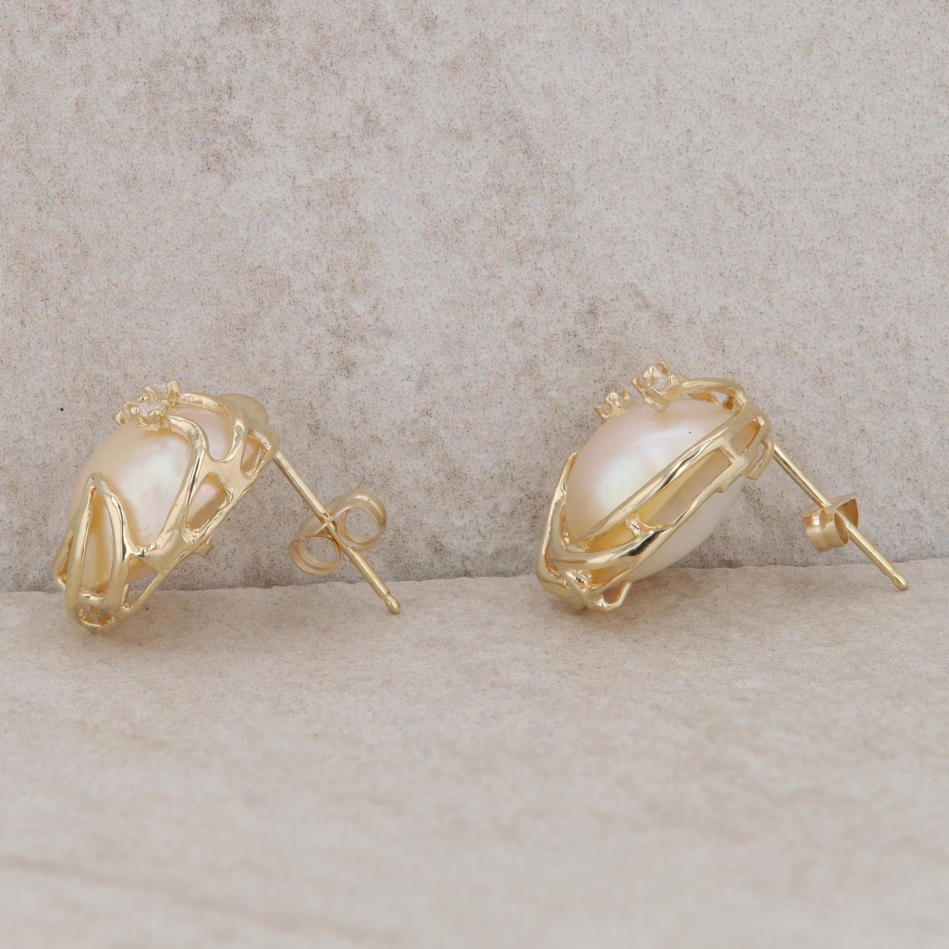14k Yellow Gold Mabe Pearl & Diamond Swirl Stud Earrings