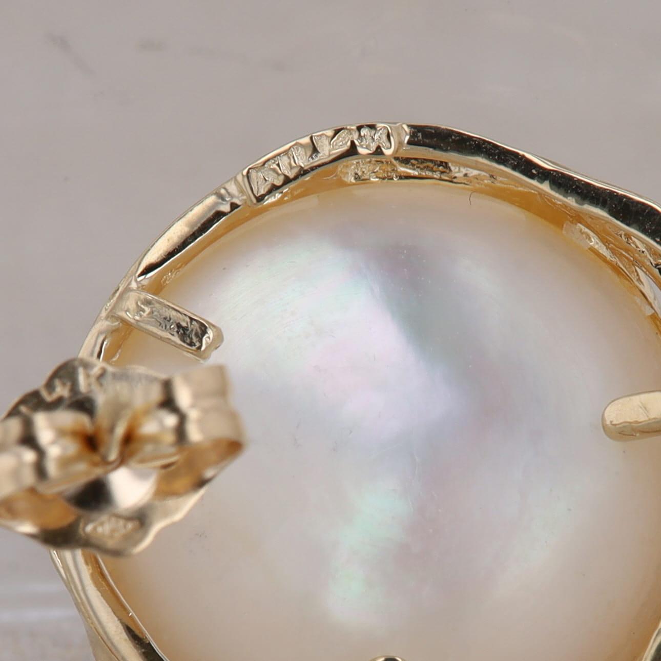 14k Yellow Gold Mabe Pearl & Diamond Swirl Stud Earrings