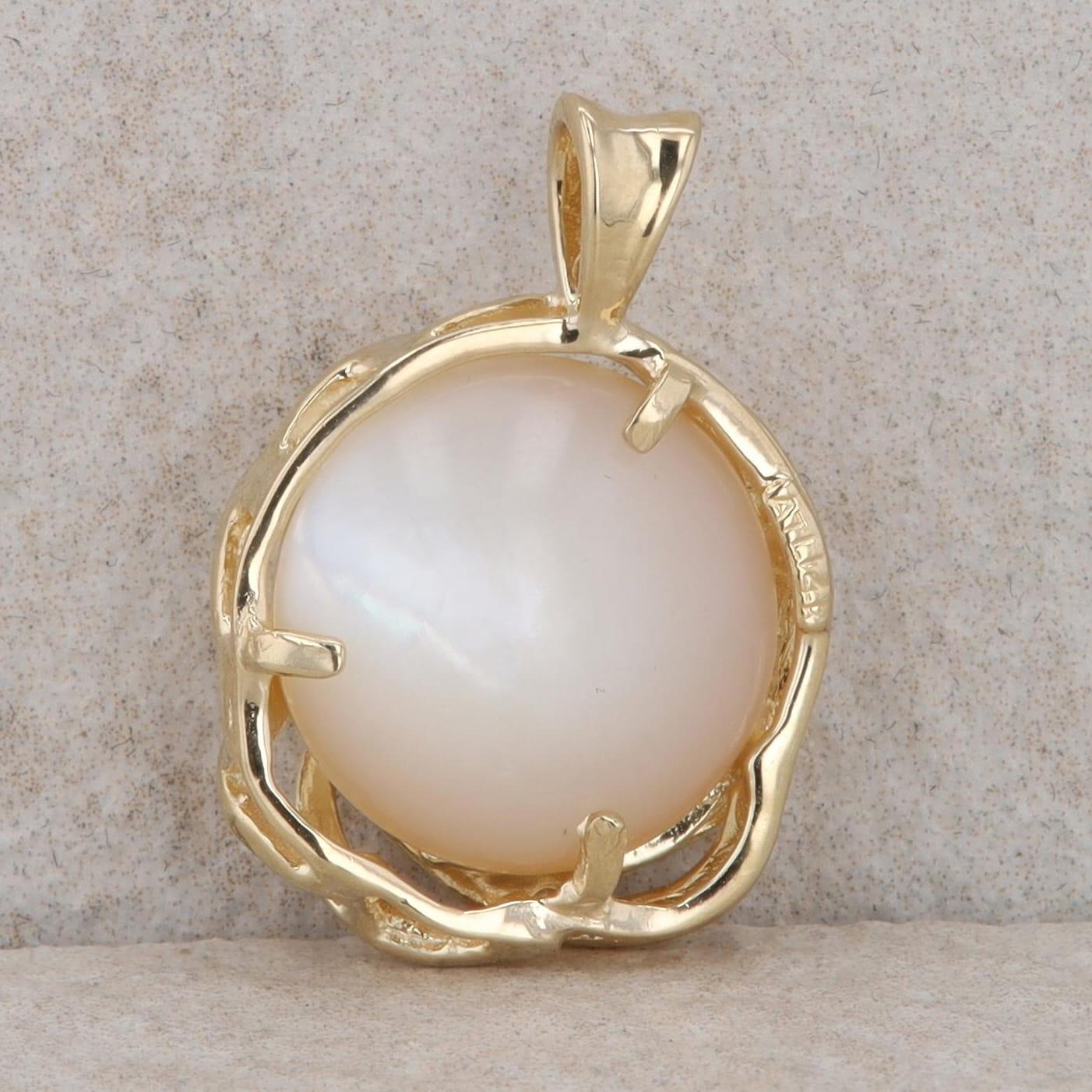 14k Yellow Gold Mabe Pearl & Diamond Swirl Pendant