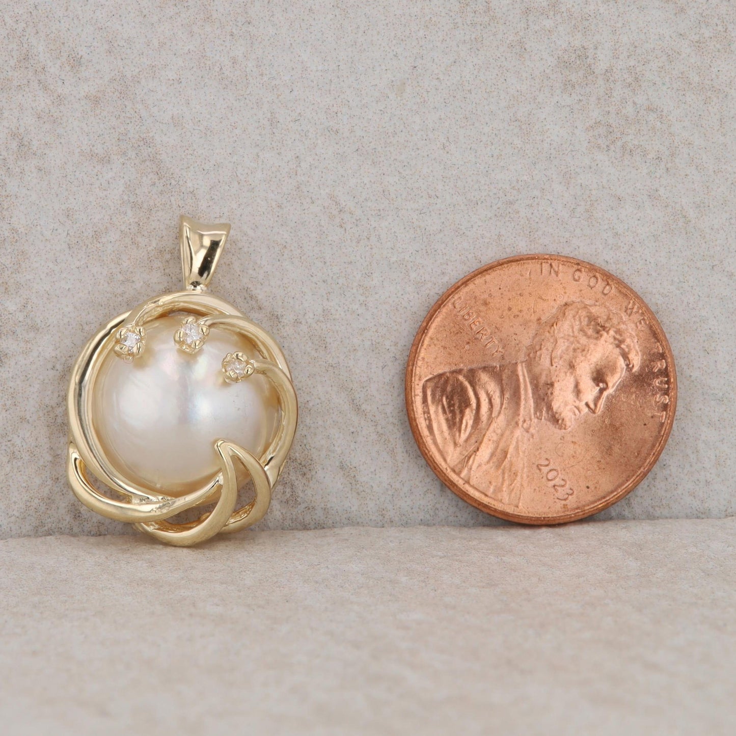 14k Yellow Gold Mabe Pearl & Diamond Swirl Pendant