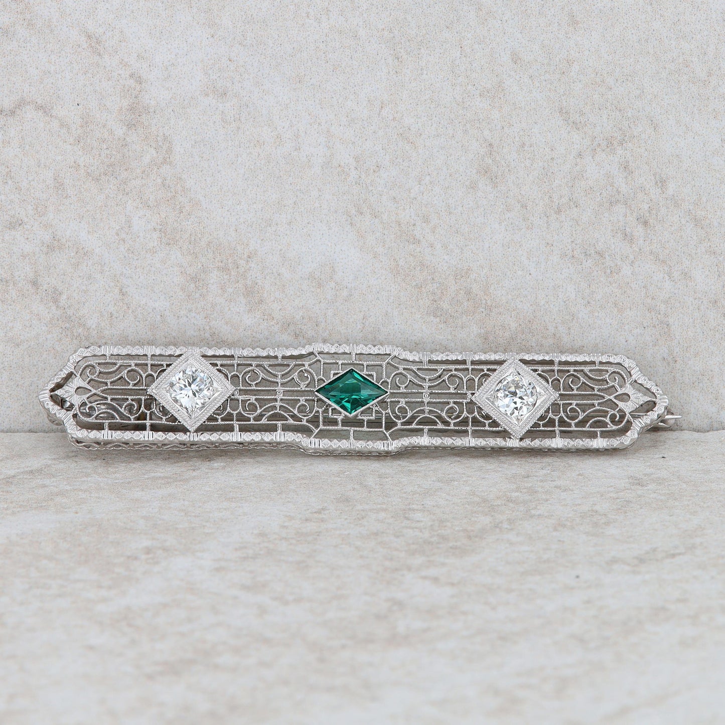 14k White Gold Art Deco Synthetic Emerald and Diamond Pin