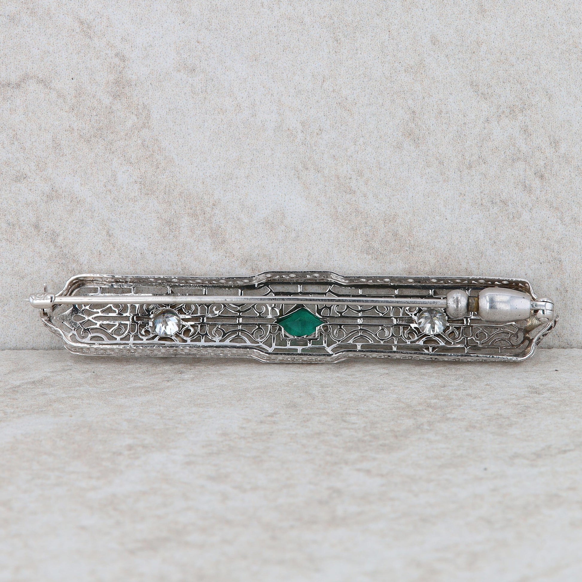 14k White Gold Art Deco Synthetic Emerald and Diamond Pin