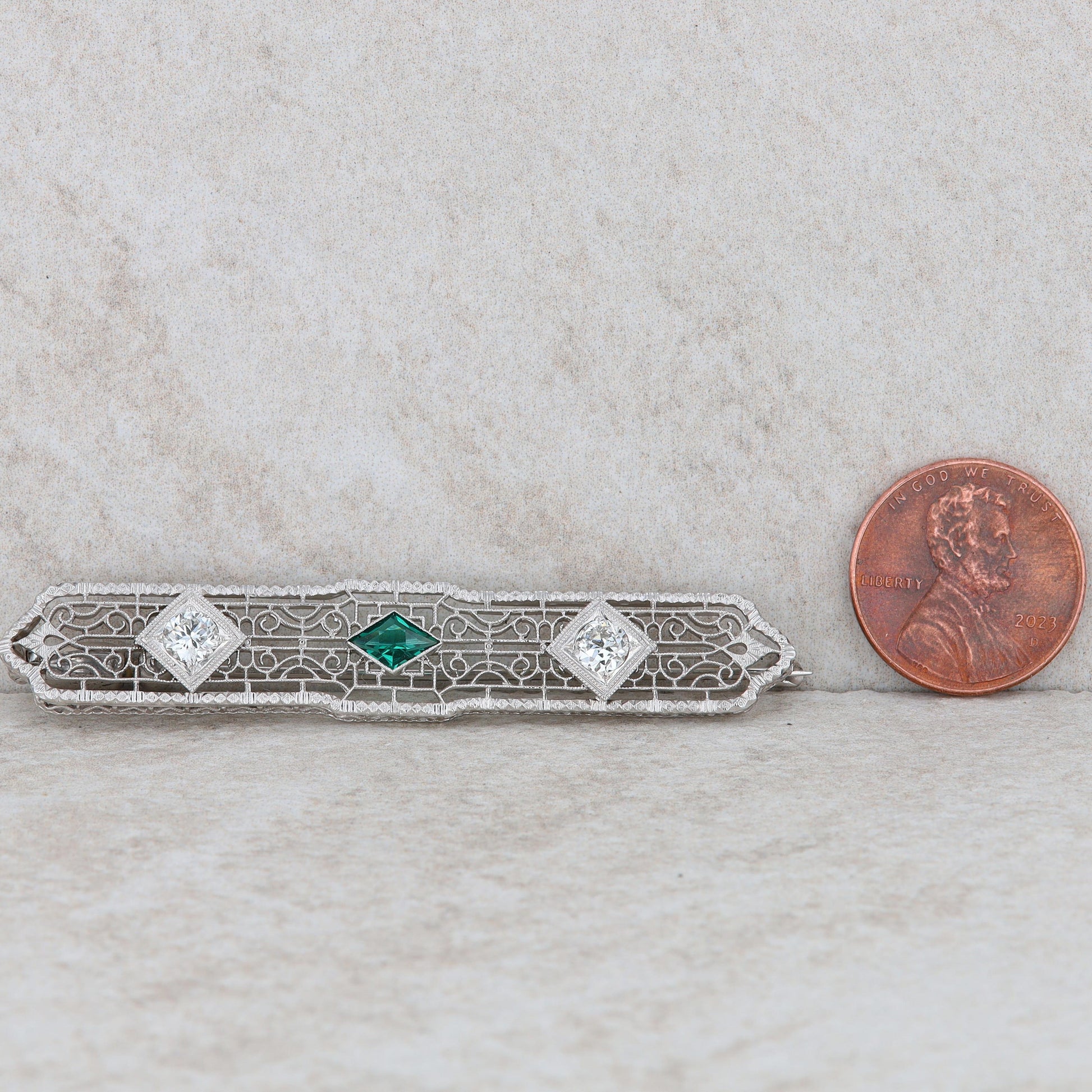 14k White Gold Art Deco Synthetic Emerald and Diamond Pin