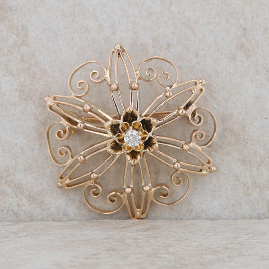 14k Yellow Gold Wire Filigree Style Diamond Brooch