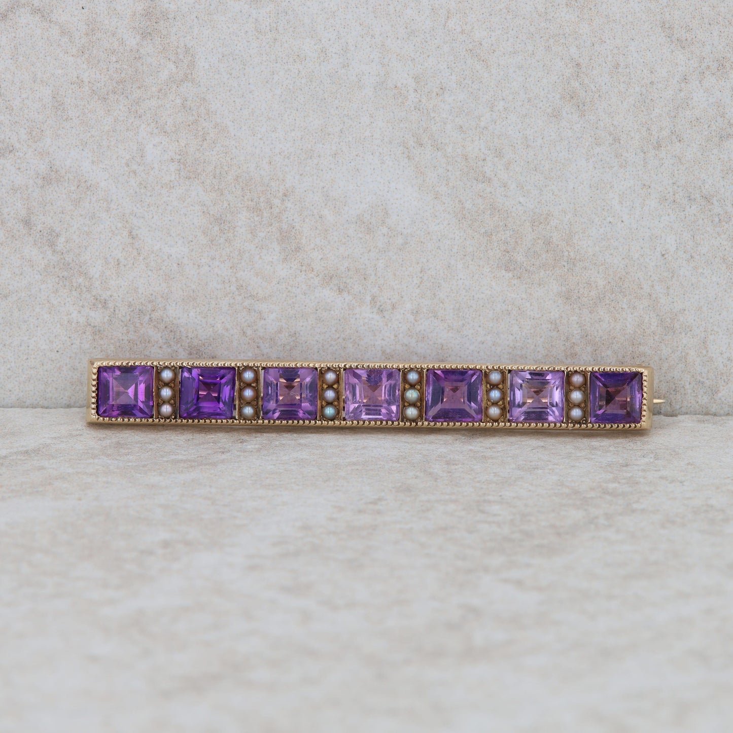 14k Yellow Gold Step Cut Amethyst and Beaded Cultured Pearl Bar Pin Brooch