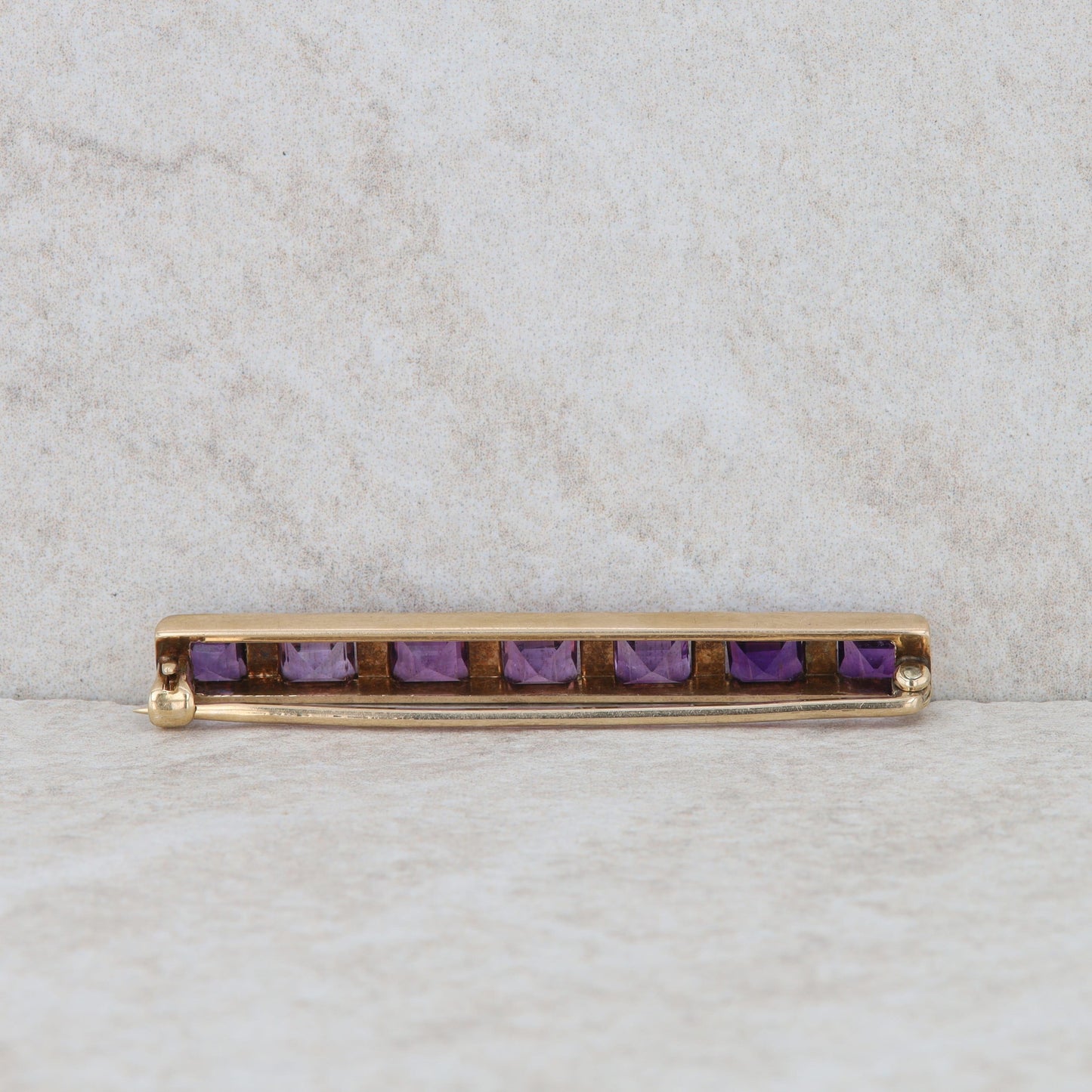 14k Yellow Gold Step Cut Amethyst and Beaded Cultured Pearl Bar Pin Brooch