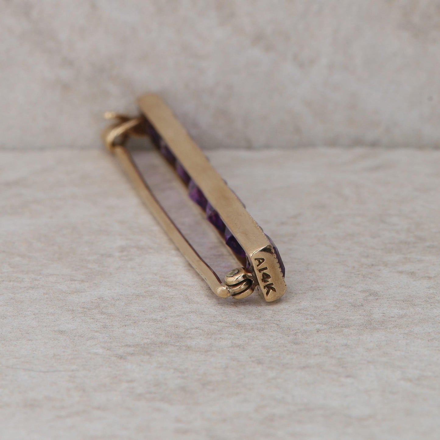 14k Yellow Gold Step Cut Amethyst and Beaded Cultured Pearl Bar Pin Brooch