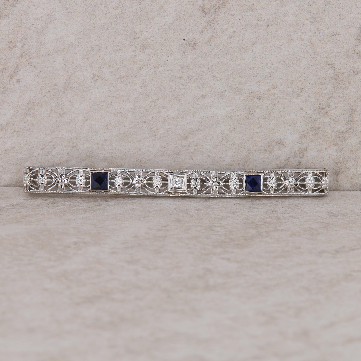 14k White Gold Diamond and Sapphire Bar Pin Brooch