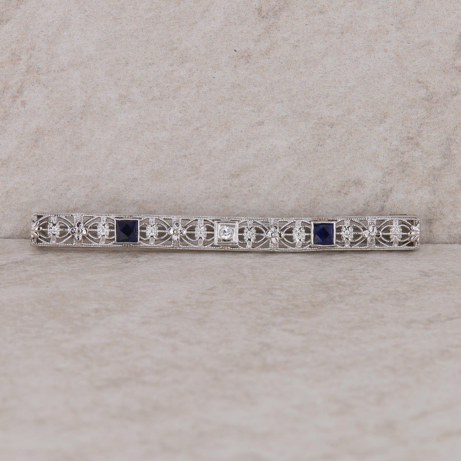 14k White Gold Diamond and Sapphire Bar Pin Brooch