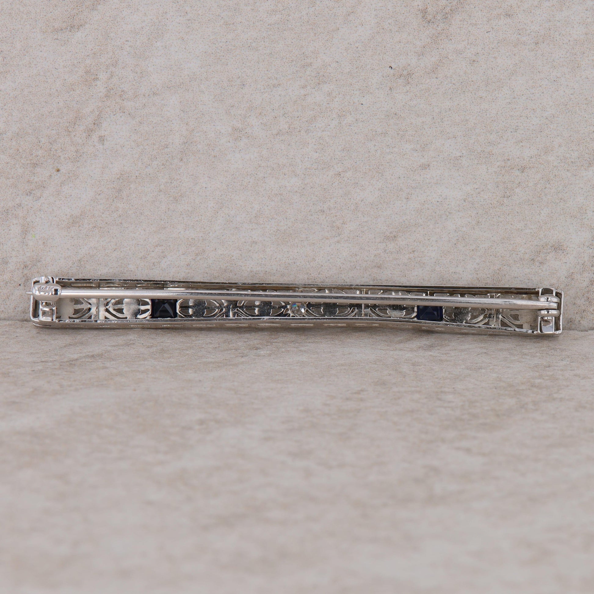 14k White Gold Diamond and Sapphire Bar Pin Brooch