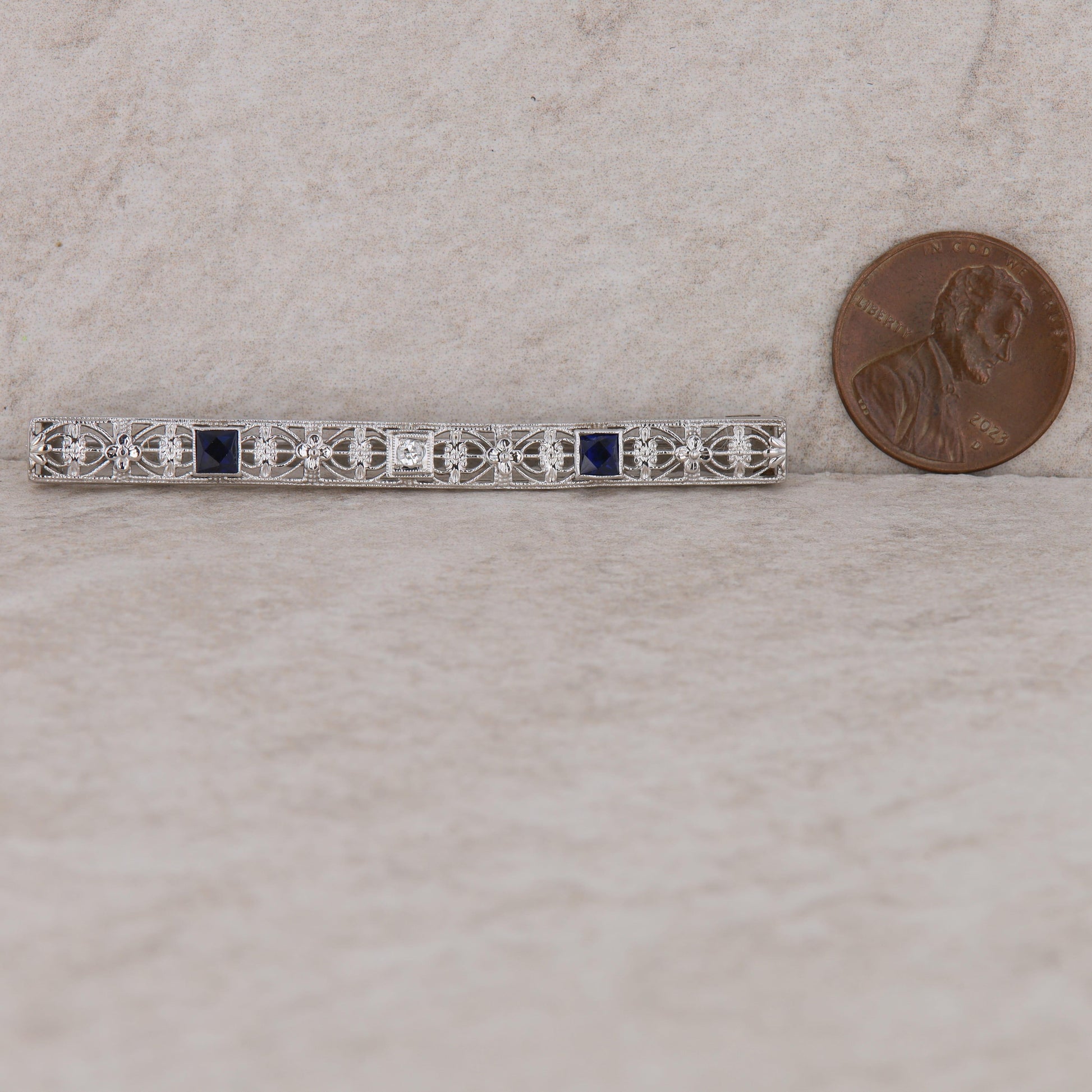 14k White Gold Diamond and Sapphire Bar Pin Brooch