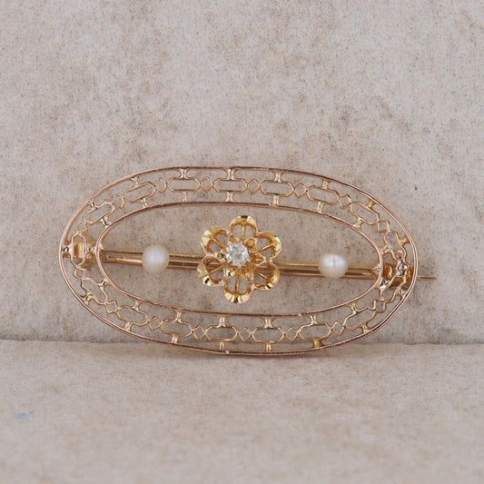 10k Yellow Gold Pearl and Diamond Oval Filigree Pin/Brooch