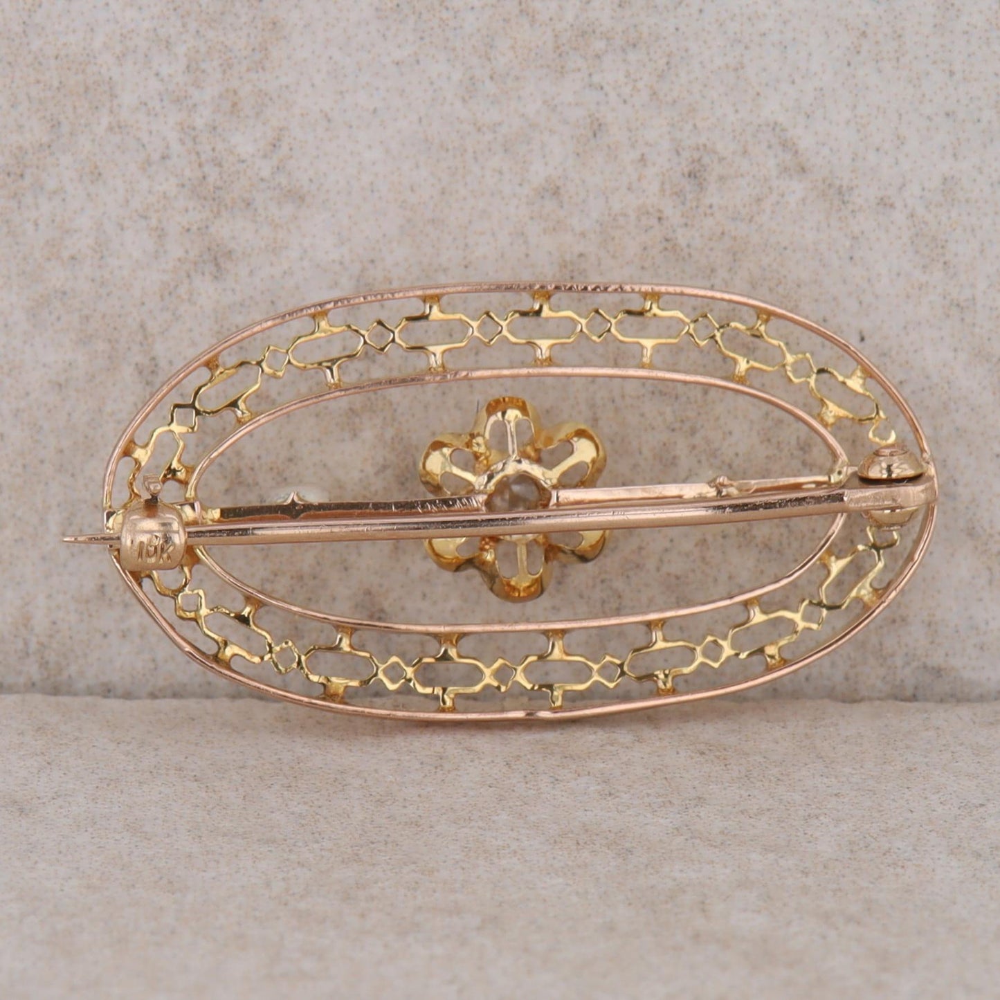 10k Yellow Gold Pearl and Diamond Oval Filigree Pin/Brooch