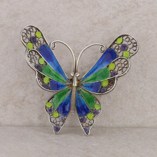 European Silver Enamel Butterfly Brooch