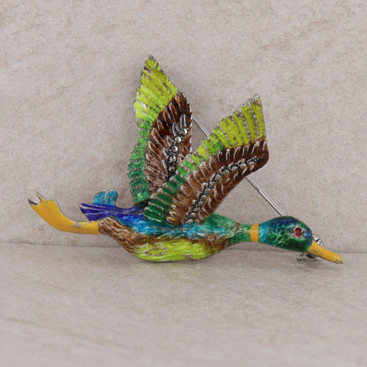 Silver Tone Alice Caviness Enamel Duck Brooch