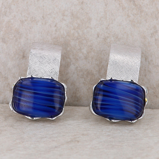 Silver Tone Dante Blue Glass Colored Cufflinks