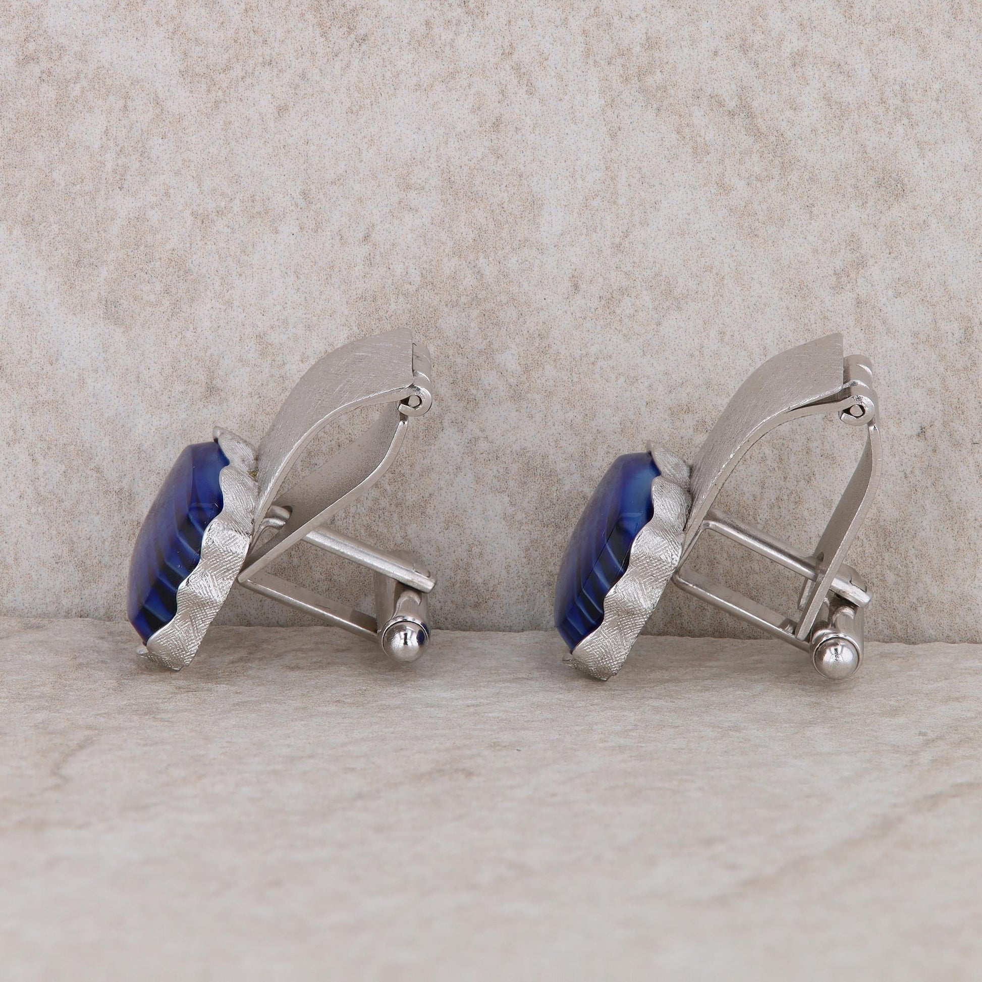 Silver Tone Dante Blue Glass Colored Cufflinks