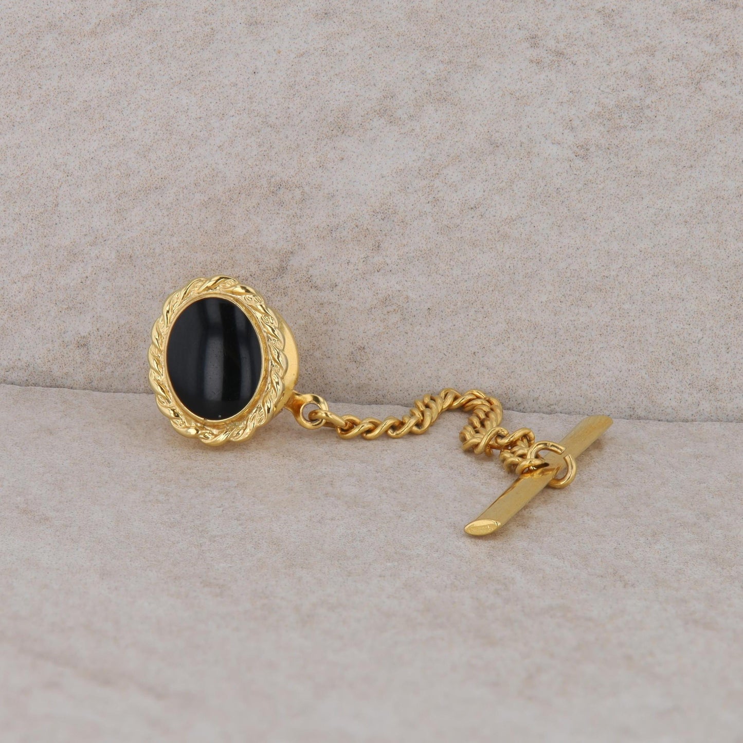 Gold Tone Oval Onyx Tie Tac Pin with Chain