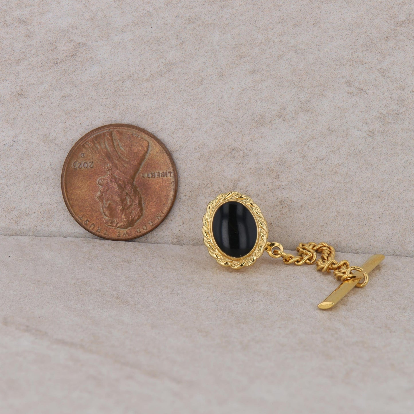 Gold Tone Oval Onyx Tie Tac Pin with Chain