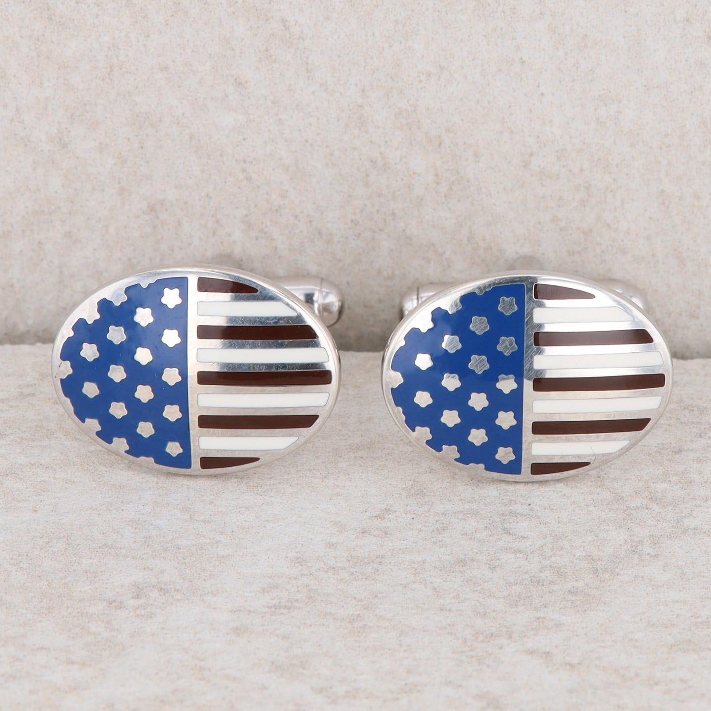 Sterling Silver Brooks Brothers Oval Enamel Flag Cufflinks