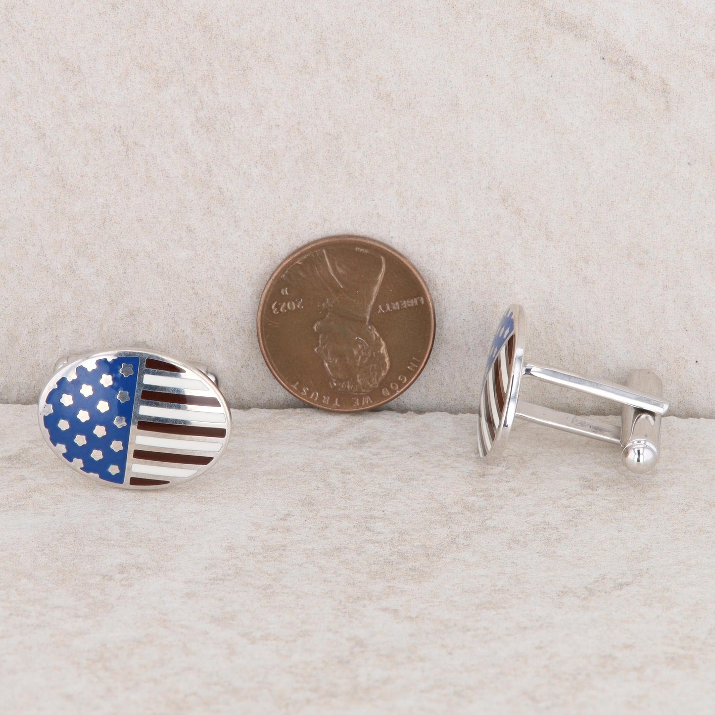 Sterling Silver Brooks Brothers Oval Enamel Flag Cufflinks