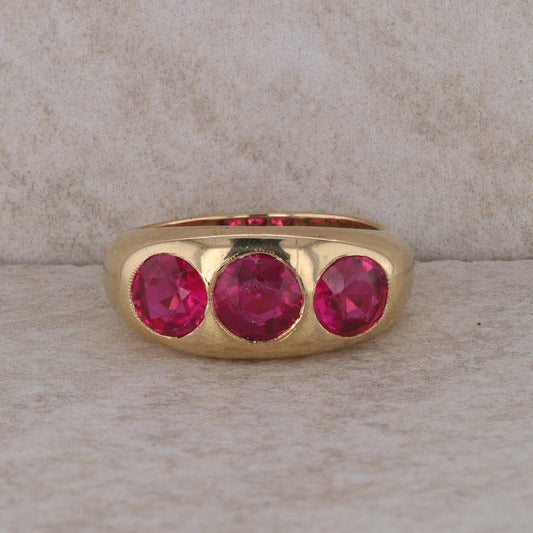 14k Yellow Gold Men's Synthetic Corundum Ruby Three Stone Ring