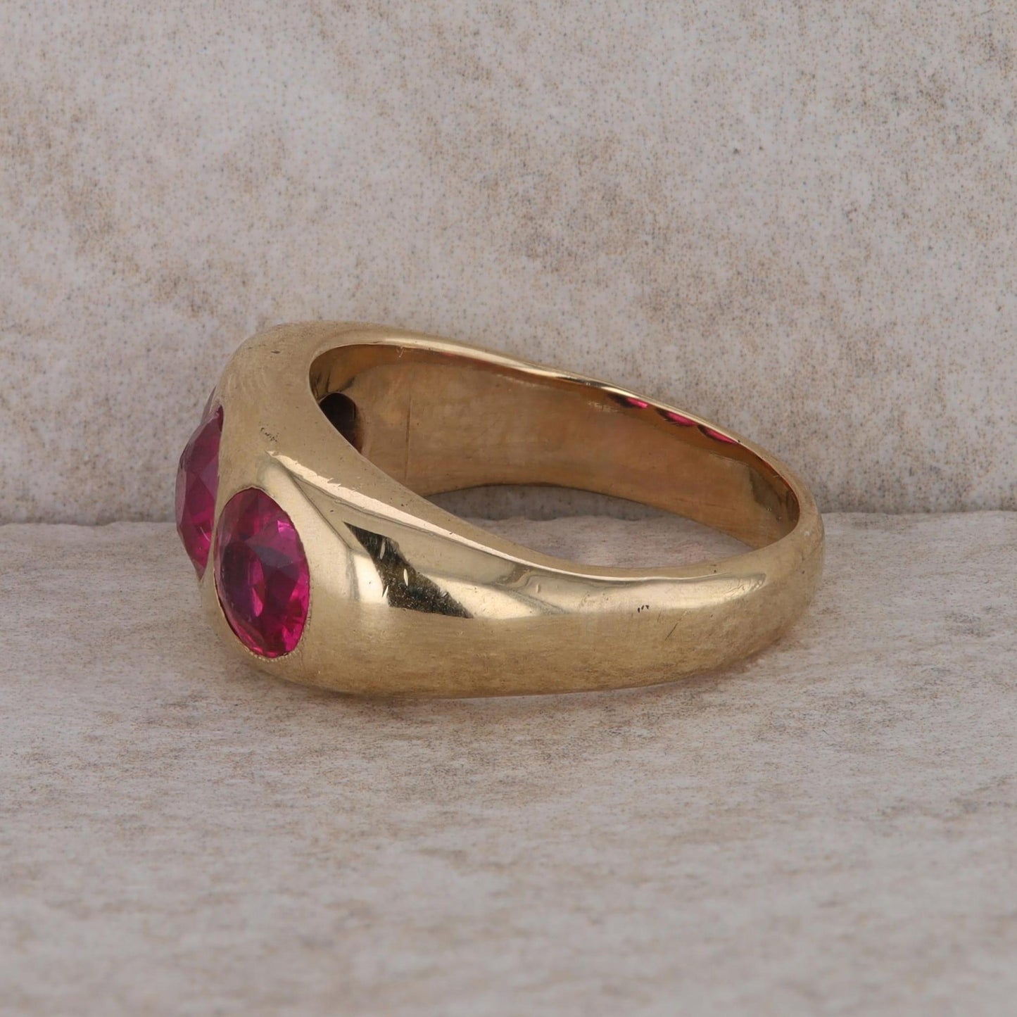 14k Yellow Gold Men's Synthetic Corundum Ruby Three Stone Ring