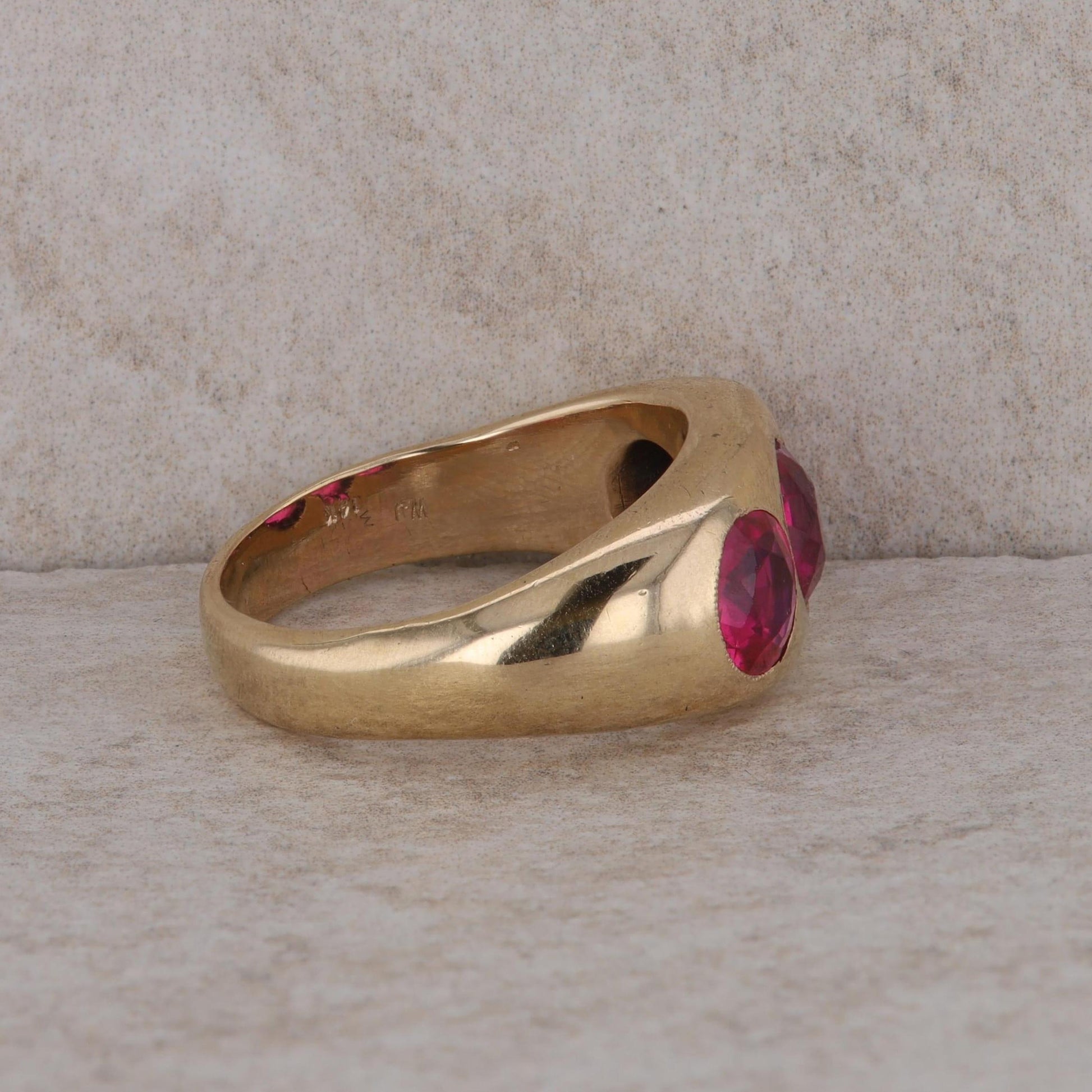 14k Yellow Gold Men's Synthetic Corundum Ruby Three Stone Ring